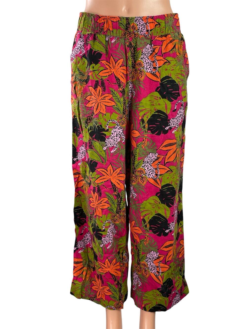 C&C California Pink 100% Linen Tropical Hawaiian Wide Leg Trousers Pants Size S